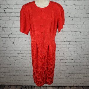 VTG Nordstrom Towne Square Red 100% Silk Puff Sleeve Pleated Shift Dress Size 8